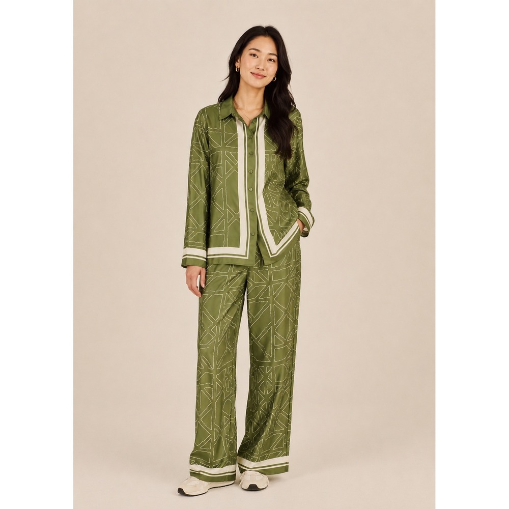 Malbon Two Piece Set Womens 2 Green Geometric Graphic Shirt & Wide Leg Pants
